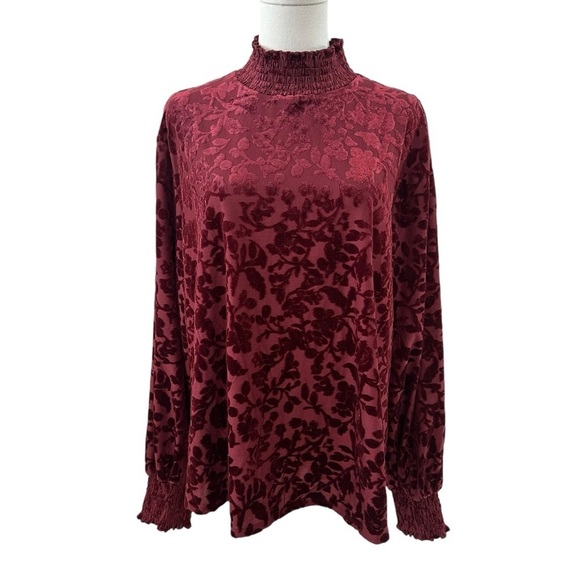 Maurcies Tops - Women's 2X Burgundy Floral Crushed Burnout Velvet Whimsical High-Neck Blouse